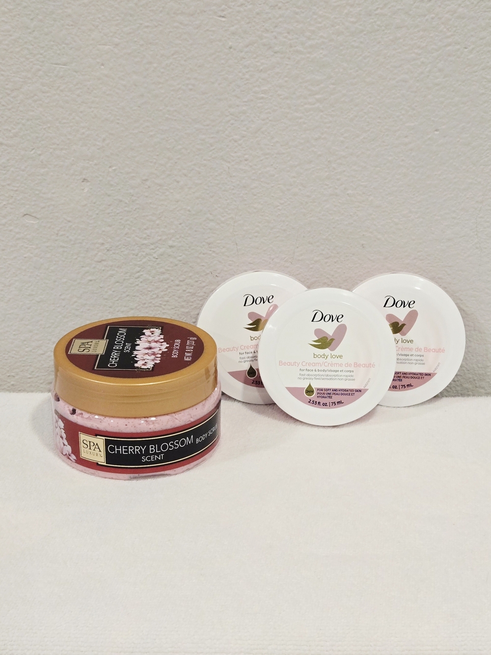 Dove Body Love Beauty Cream (3) with Cherry Blossom Scrub (1)